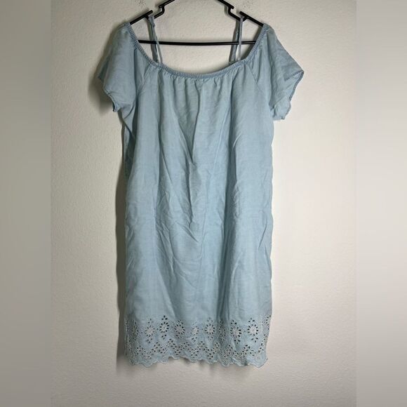 Old Navy Blue Chambray Denim Off Shoulder Eyelet Lace Hem Casual Dress Sz M - Picture 1 of 12